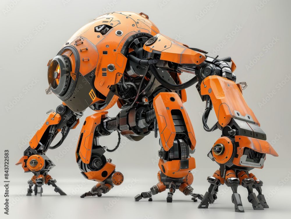 A robot with orange and black parts is standing on a white background A robot with orange and black parts is standing on a white background