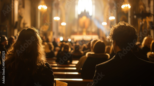 A church with a large crowd of people sitting in pews