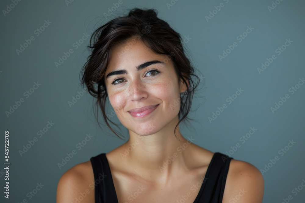 A close up portrait of a young woman with a subtle smile A close up portrait of a young woman with a subtle smile