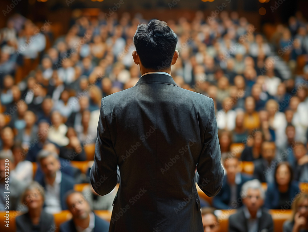 Rear view of businessman giving a presentation to a large audience in an auditorium. Focus on presenter, colorful, professional setting with crowd. Rear view of businessman giving a presentation to a large audience in an auditorium. Focus on presenter, colorful, professional setting with crowd.