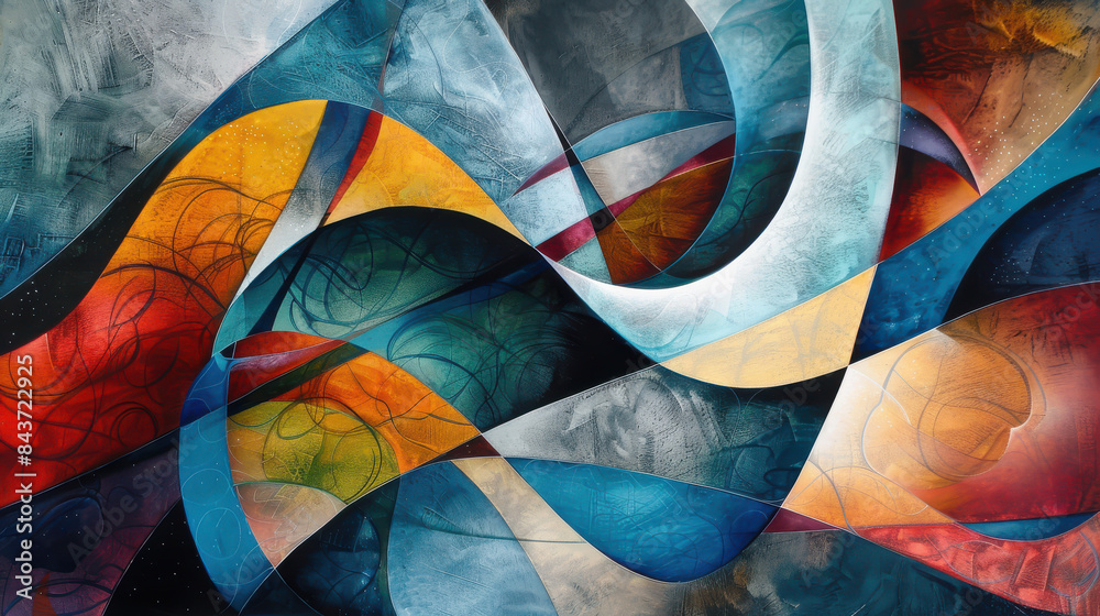 Fototapeta premium A colorful abstract painting with a blue and white swirl