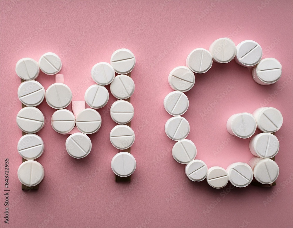 White Pills Shaped As Letters MG On Pink Background Symbolizing Medicine and Healthcare White Pills Shaped As Letters MG On Pink Background Symbolizing Medicine and Healthcare