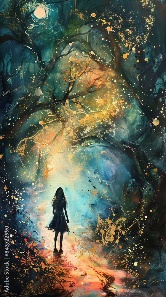 A woman is walking through a forest at night A woman is walking through a forest at night