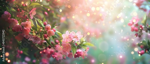 Enchanted Spring Garden with Blooming Cherry Blossoms and Ethereal Fairy Lights Bokeh Border