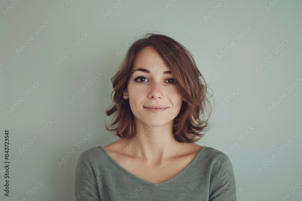 A close up portrait of a young woman with a subtle smile A close up portrait of a young woman with a subtle smile