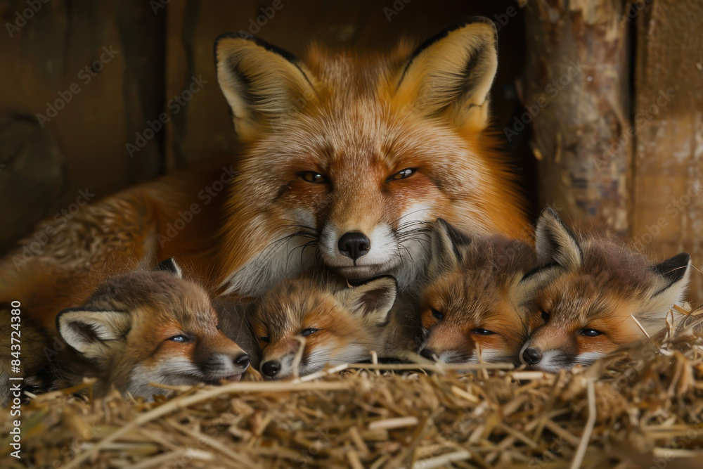 A mother fox is surrounded by her four cubs