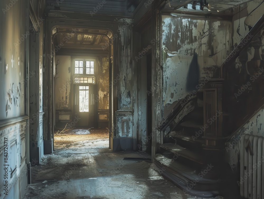 A dark hallway with a staircase and a door A dark hallway with a staircase and a door
