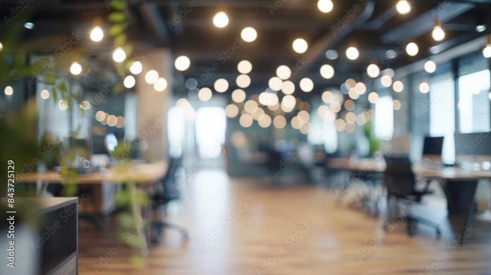 Fototapeta premium Modern open office space with blurred background, featuring table setting, for business and workspace concepts