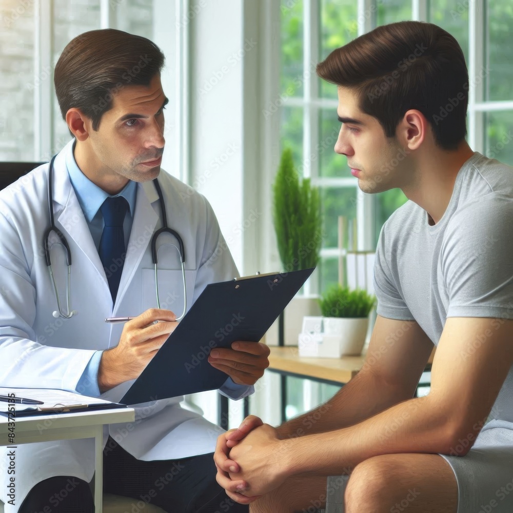 A medical professional reviewing a health check document with a male patient in a clinic A medical professional reviewing a health check document with a male patient in a clinic