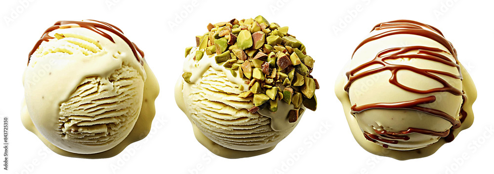 Pistachio ice cream scoops, three variations: plain, topped with chopped pistachios, and drizzled with chocolate. Pistachio ice cream scoops, three variations: plain, topped with chopped pistachios, and drizzled with chocolate.