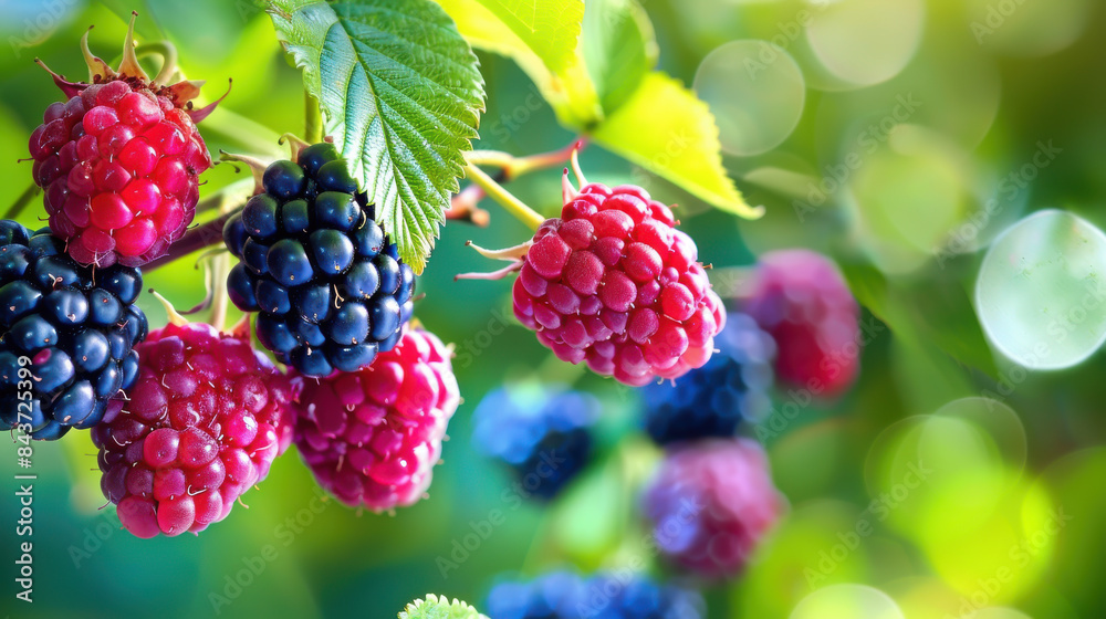 A bunch of ripe red and blue raspberries hanging from a tree A bunch of ripe red and blue raspberries hanging from a tree