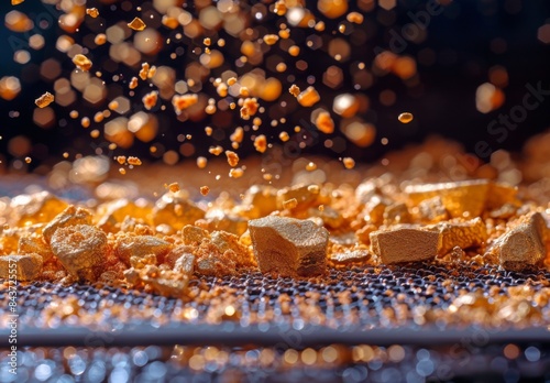 A close up of gold nuggets on a sieve filter with fine soil particles falling through, highlighting the richness of the resource