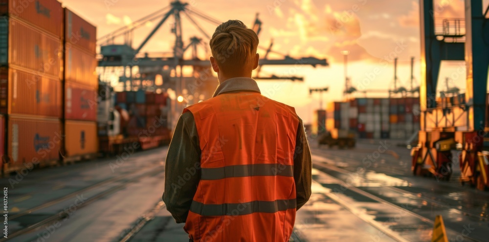 Worker in high-visibility vest stands at the freight port Worker in high-visibility vest stands at the freight port