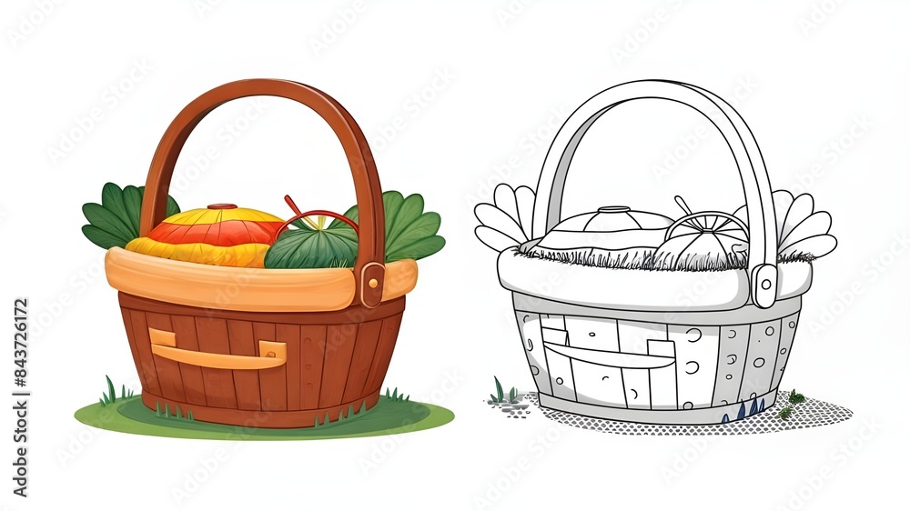 A drawing of a basket and a basket with a basket of fruit and vegetables. A drawing of a basket and a basket with a basket of fruit and vegetables.