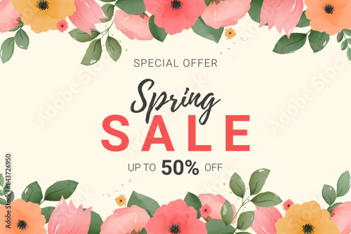 Spring Sale Banner background with beautiful watercolor flowers. Vector illustration
