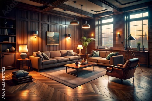 ransport viewers to the allure of film noir with a cinematic living room featuring wooden furniture, bathed in moody lighting and dramatic shadows photo