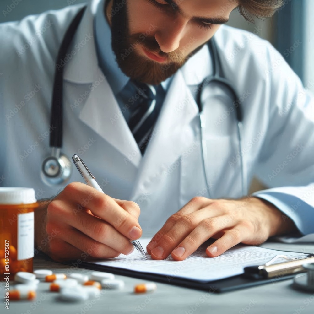 A medical professional writing a prescription with selective focus, captured in 4K realistic detail
A medical professional writing a prescription with selective focus, captured in 4K realistic detail