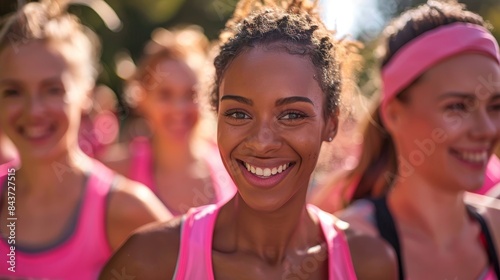 Three women in pink sportswear smile brightly, ready to start a race. Breast cancer awareness Day