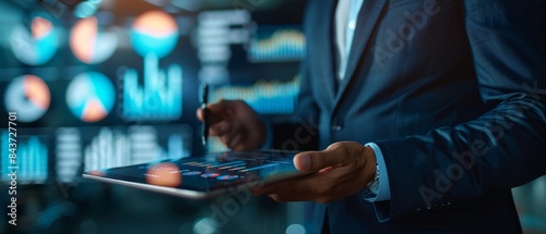 Businessman working on digital tablet analyzing financial data on screens, highlighting modern technology and corporate strategy.
