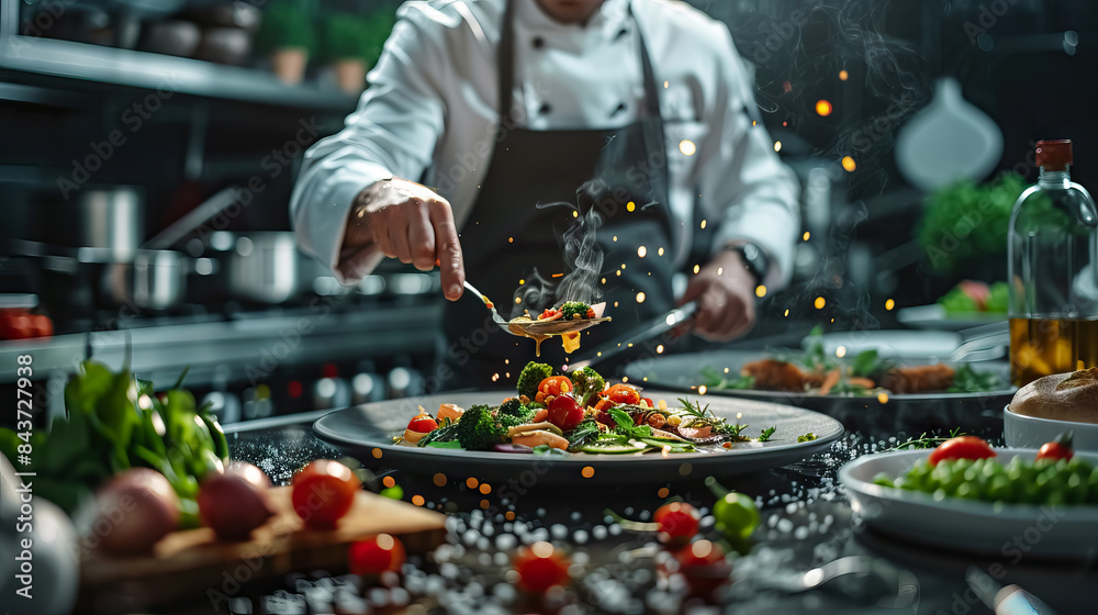 close up a chef in a bustling restaurant kitchen, skillfully plating a gourmet dish on a counter filled with fresh ingredients, cooking utensils, and stoves in the background. close up a chef in a bustling restaurant kitchen, skillfully plating a gourmet dish on a counter filled with fresh ingredients, cooking utensils, and stoves in the background.