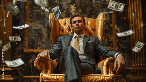Confident businessman in ornate chair surrounded by flying money, representing wealth, power, and success. photo
