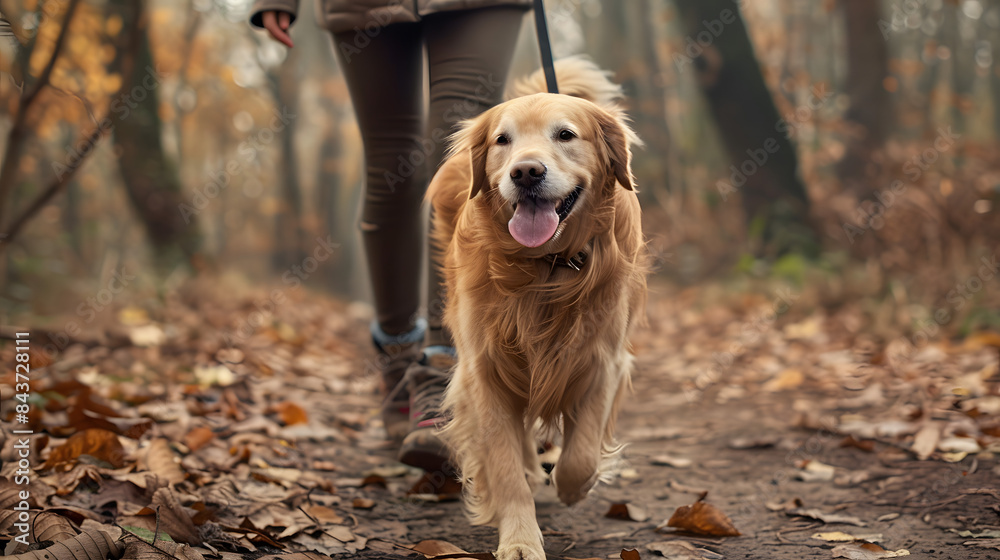 A happy Golden Retriever walks alongside its owner on the forest path. captured in closeup with the dogs tongue out and visible teeth A happy Golden Retriever walks alongside its owner on the forest path. captured in closeup with the dogs tongue out and visible teeth