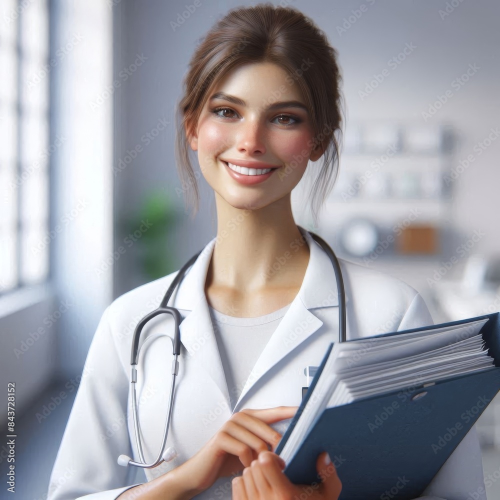 A smiling female doctor holding medical records, wearing a lab coat, depicted in realistic, 4K detail A smiling female doctor holding medical records, wearing a lab coat, depicted in realistic, 4K detail