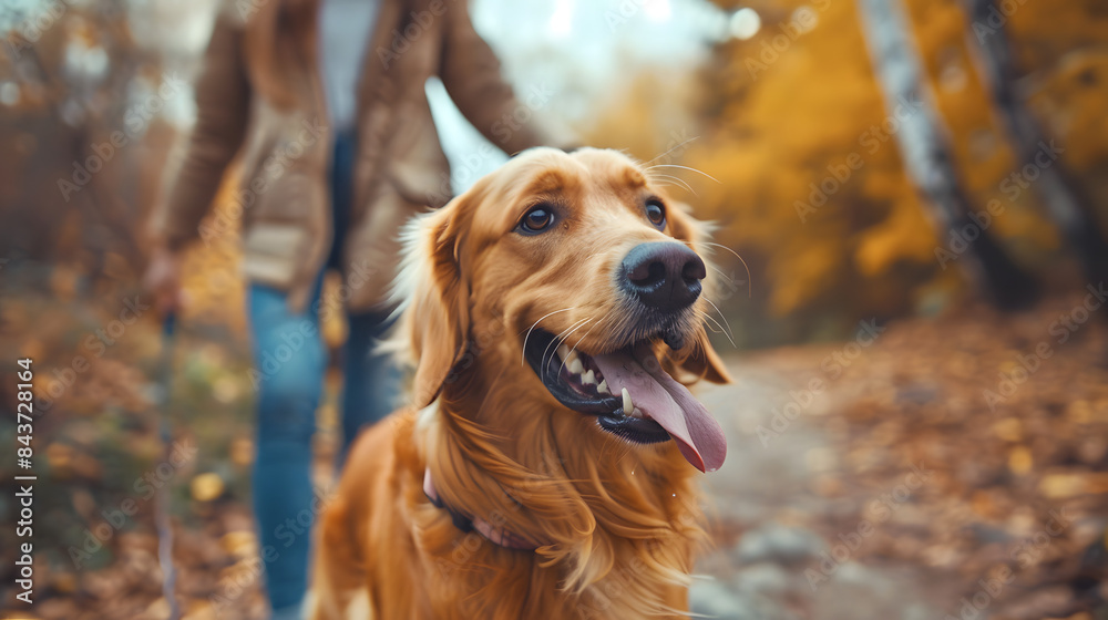 A happy Golden Retriever walks alongside its owner on the forest path. captured in closeup with the dogs tongue out and visible teeth A happy Golden Retriever walks alongside its owner on the forest path. captured in closeup with the dogs tongue out and visible teeth