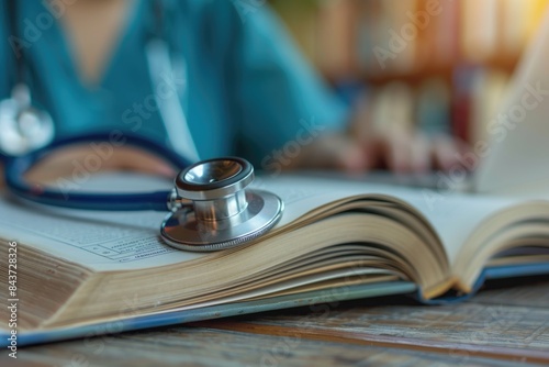 Close up of a stethoscope on an open medical book with a healthcare professional in the background, symbolizing learning and medicine.