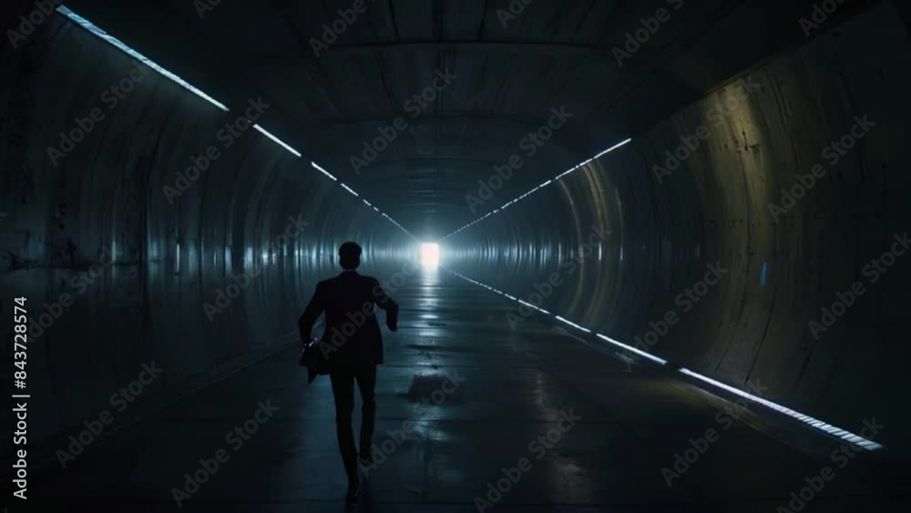 A person in a suit is walking down a long, dark tunnel toward a bright light at the end.