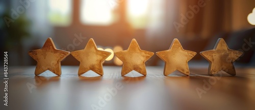 Five wooden stars on a table with a warm, blurred background, symbolizing quality, rating, or excellence in a cozy setting.