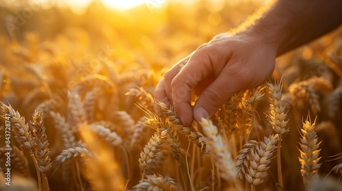 Male farmer's hand checks the quality of grain in the field during sunset. © Aga Bak