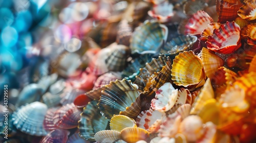 A colorful close-up of seashells in various shapes and sizes. photo