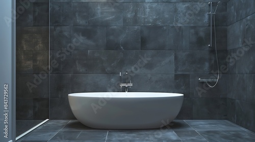 Modern furnished bathroom dark grey interior design with granite tiles   Generative AI