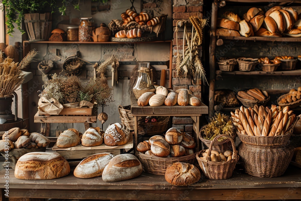 A rustic bakery display with various loaves of bread, pastries, and other baked goods. A rustic bakery display with various loaves of bread, pastries, and other baked goods.
