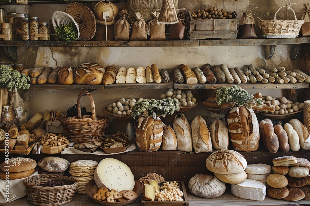 A rustic bakery storefront with shelves stocked with fresh bread, cheeses, and other goods. A rustic bakery storefront with shelves stocked with fresh bread, cheeses, and other goods.