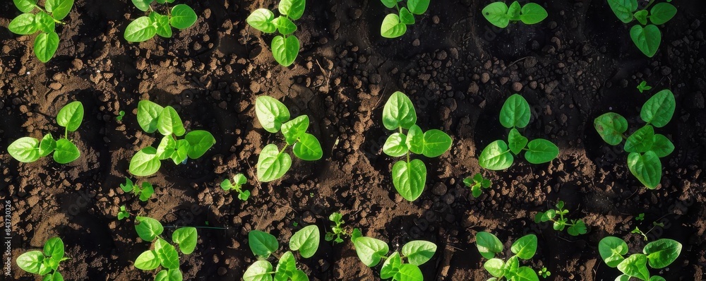 Aerial view of seedlings in a garden bed, arranged in neat rows, rich dark soil, sunlight filtering through leaves, highdefinition, organic farming Aerial view of seedlings in a garden bed, arranged in neat rows, rich dark soil, sunlight filtering through leaves, highdefinition, organic farming