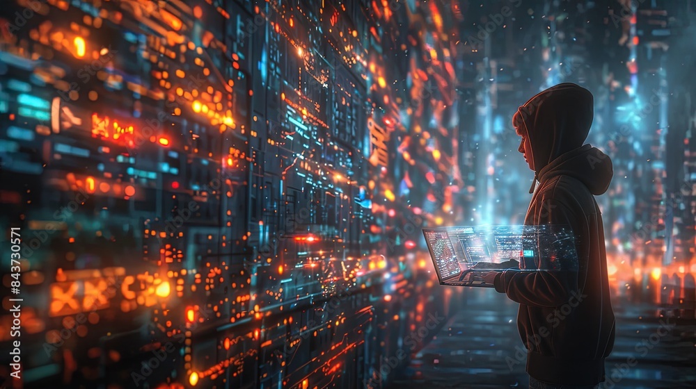 Fototapeta premium A computer hacker commits crimes in the digital world. Displaying real programming scripts codes and hacking tools. Malware concept. Hacker background.