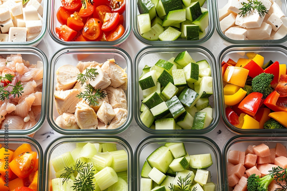 Assortment of fresh chopped vegetables, meat and cheese in glass containers. Healthy meal prep ingredients.