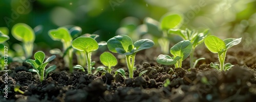 Closeup of young seedlings growing in nutrientrich soil, vibrant green leaves, morning sunlight, highdefinition, nature macro photography, organic gardening