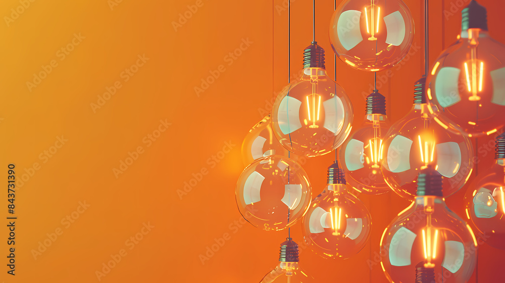 A cluster of glowing light bulbs hanging against an orange background, showcasing warm illumination and modern design. A cluster of glowing light bulbs hanging against an orange background, showcasing warm illumination and modern design.