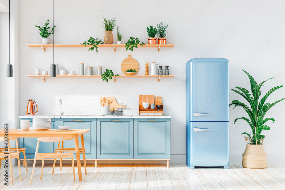 Interior of modern comfortable kitchen room, Modern furniture with utensils, shelves with crockery and plants, refrigerator and table in simple minimal dining room Interior of modern comfortable kitchen room, Modern furniture with utensils, shelves with crockery and plants, refrigerator and table in simple minimal dining room