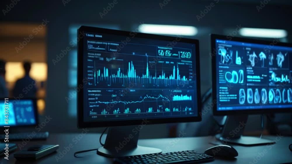 A dimly lit room with a large computer monitor displaying graphs and charts in blue. A dimly lit room with a large computer monitor displaying graphs and charts in blue.