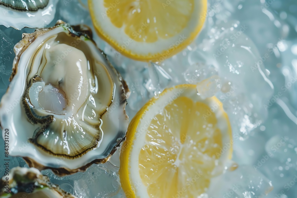Fresh oysters on ice with lemon slices, ready to be enjoyed. Fresh oysters on ice with lemon slices, ready to be enjoyed.