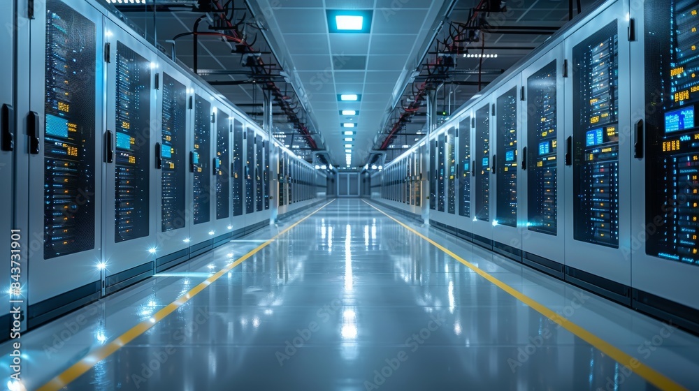 A perspective view of an aisle in a contemporary data center with blue LED lights and server equipment A perspective view of an aisle in a contemporary data center with blue LED lights and server equipment
