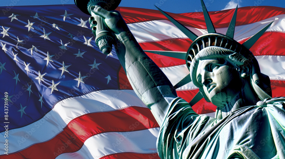 Obraz premium statue of liberty in front of american flag