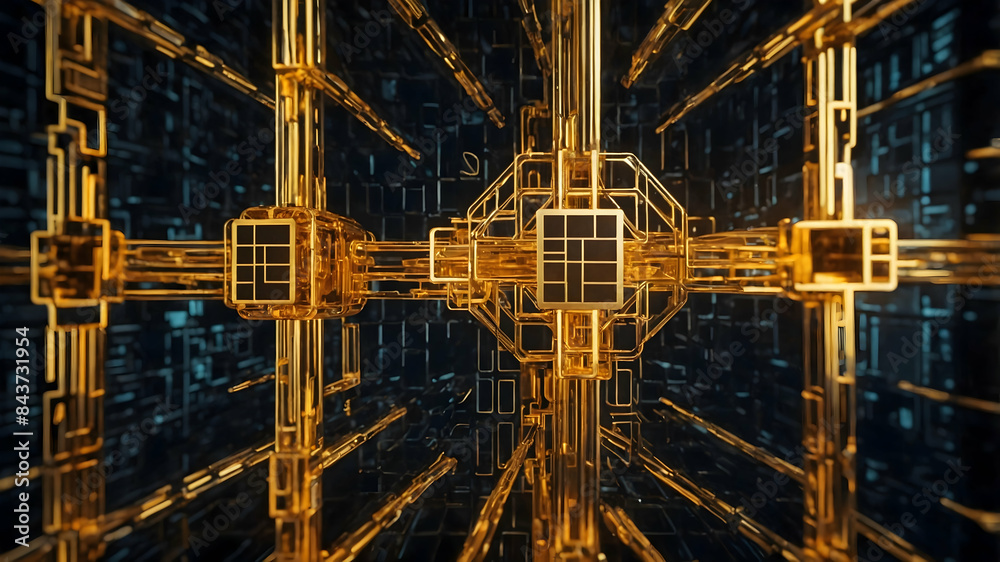 Fototapeta premium Background image featuring a pattern of blockchain connected by golden light