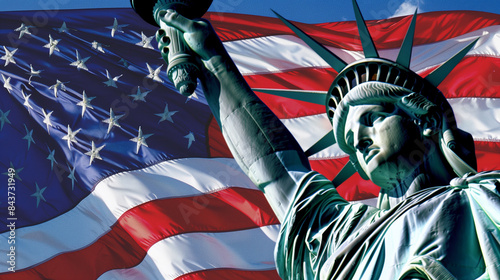 statue of liberty in front of american flag