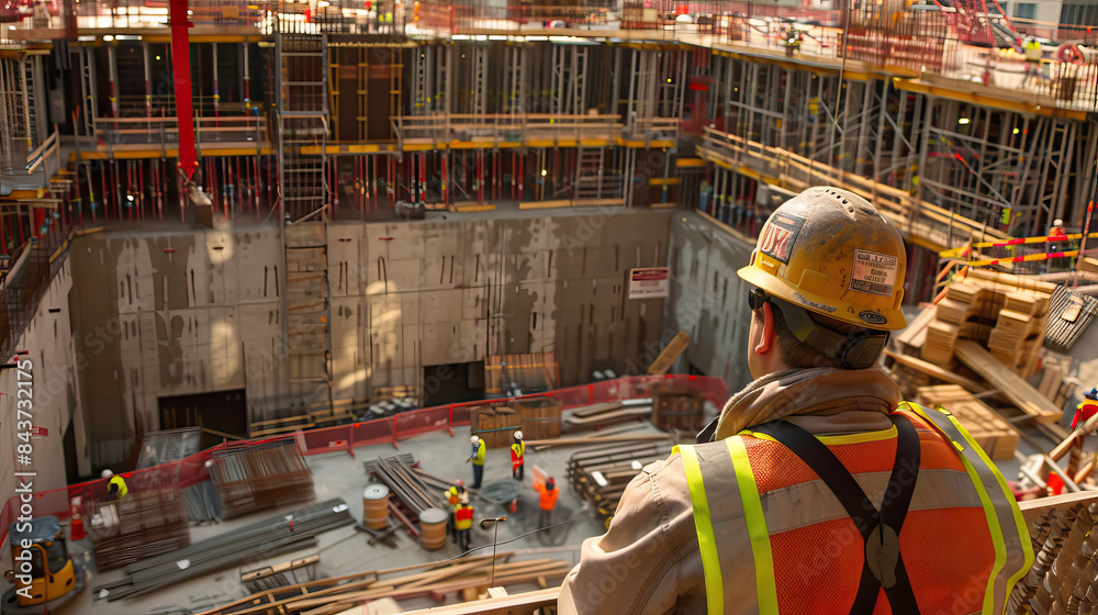 Fototapeta premium back view a construction worker wearing a hard hat and safety vest, skillfully operating a crane at a busy construction site, showcasing the scale and complexity of the project.
