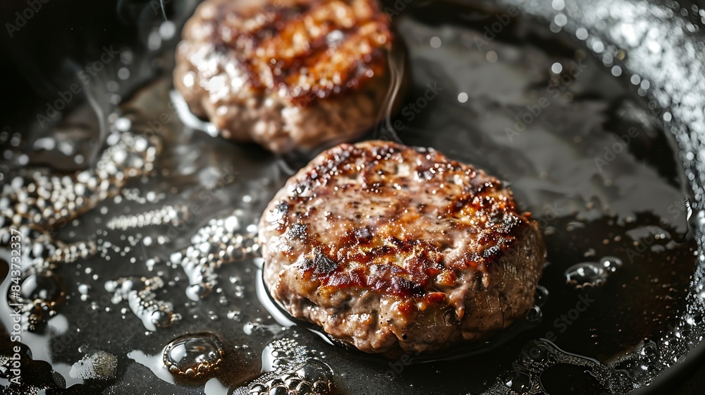 Two cooked frozen hamburger patties in hot frying pan High angle view closeup Fast food : Generative AI Two cooked frozen hamburger patties in hot frying pan High angle view closeup Fast food : Generative AI